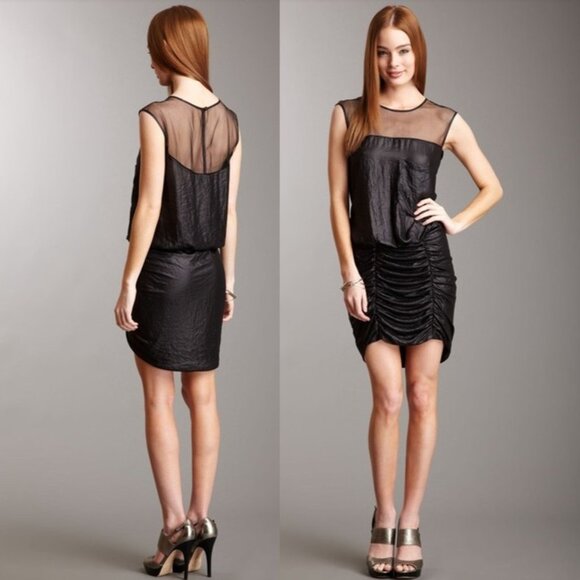 BCBG MaxAzria Black Mesh Metallic "Wet Look" Ruched Dress - Size 2 - Looks New! - Picture 1 of 16